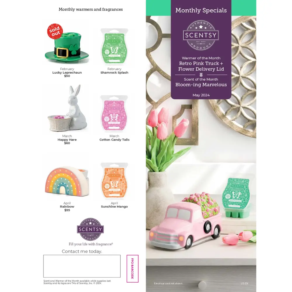 Scentsy May 2024 Warmer & Scent of the Month - Retro Pink Truck Warmer Flower Delivery Lid + Bloom-ing Marvelous
