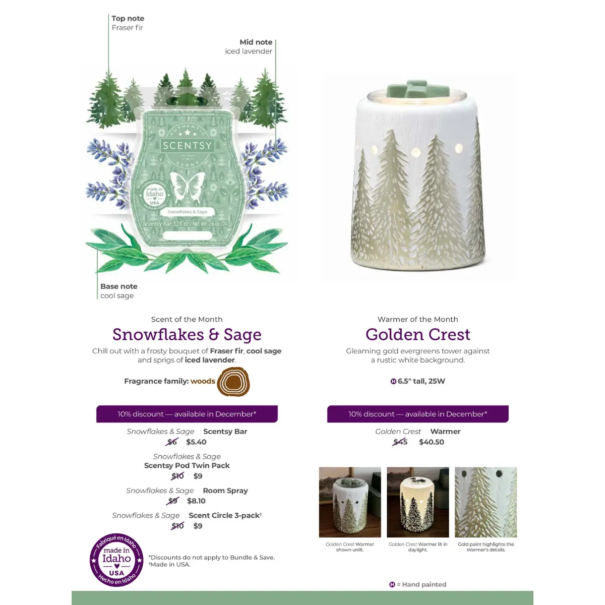 Scentsy December 2024 Warmer of the Month - Golden Crest + Snowflakes & Sage