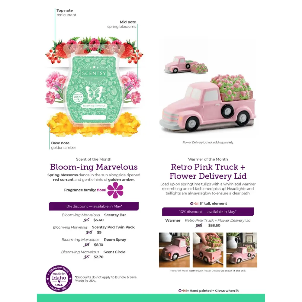 Scentsy May 2024 Warmer & Scent of the Month - Retro Pink Truck Warmer Flower Delivery Lid + Bloom-ing Marvelous