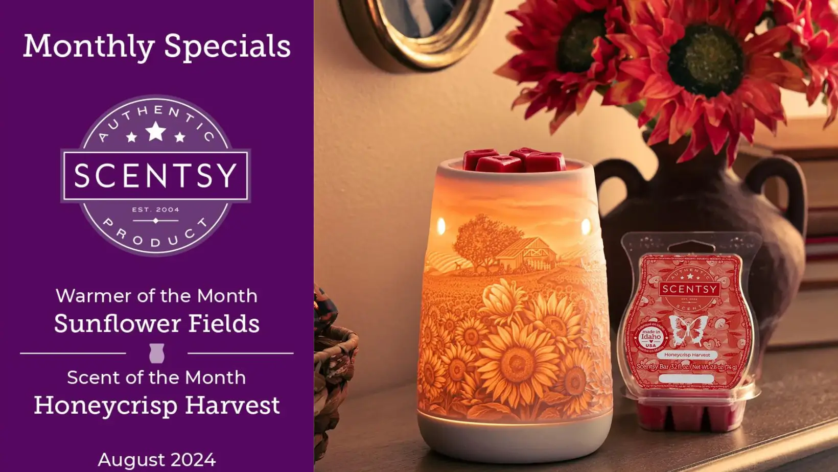 Scentsy August 2024 Warmer of the Month - Sunflower Fields + Honeycrisp Harvest