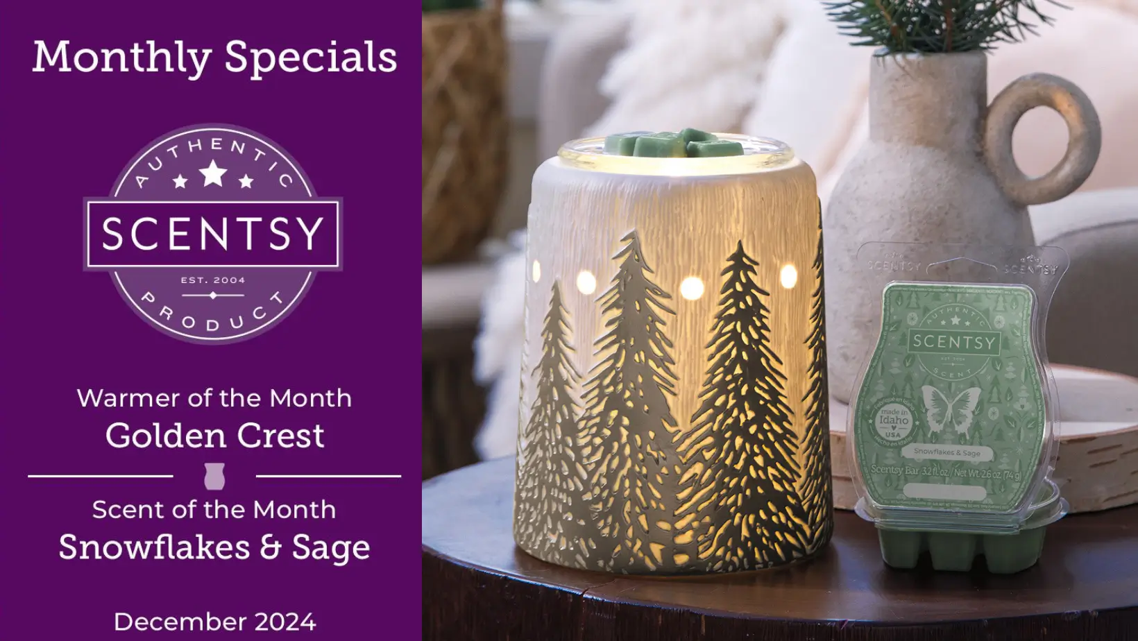 Scentsy December 2024 Warmer of the Month - Golden Crest + Snowflakes & Sage