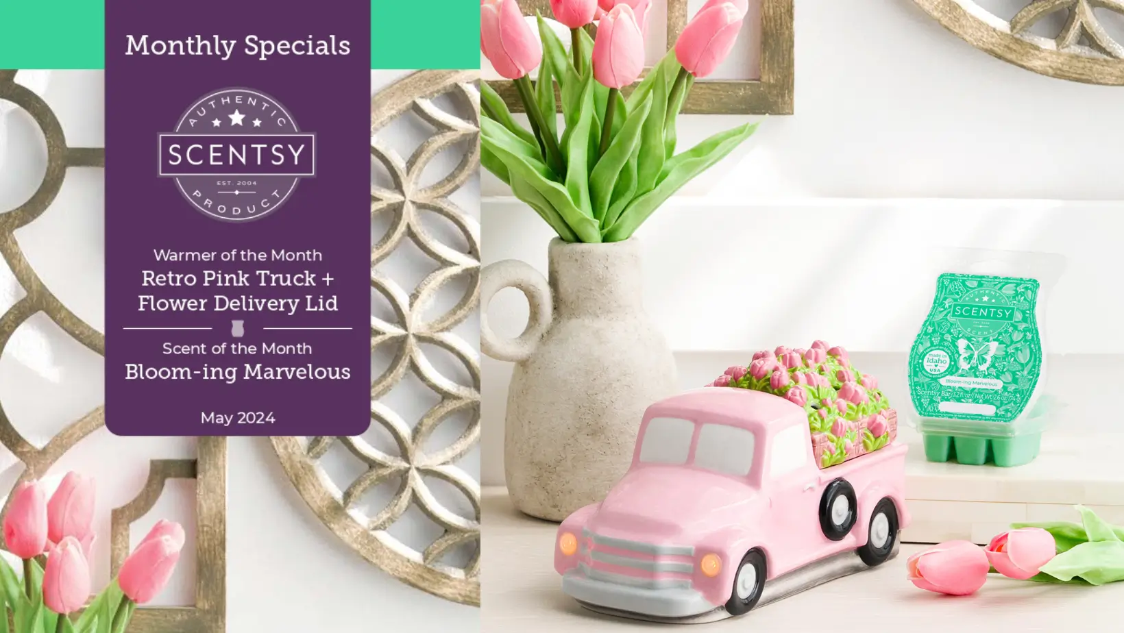 Scentsy May 2024 Warmer & Scent of the Month - Retro Pink Truck Warmer Flower Delivery Lid + Bloom-ing Marvelous